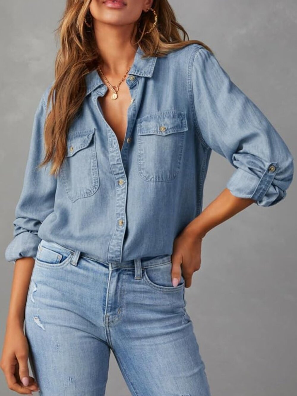 EUC Women Denim Button Down Shirts Chambray Blouse Top Sz L - Picture 5 of 5
